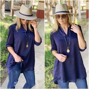 Infinity Raine Tops - Navy silky roll tab sleeve tunic Infinity Raine Tops - Navy silky roll tab sleeve tunic